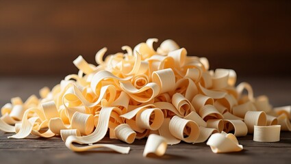 Stos świeżych makaronów tagliatelle na rustykalnej drewnianej powierzchni