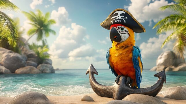 Pirate parrot in hat on anchor on sea beach. Vector cartoon illustration of uninhabited tropical island landscape with palm trees, rocks, and corsair bird in black hat with skull