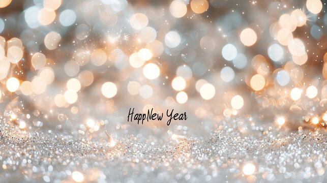 The words "Happy New Year" in bold, modern black font with golden accents, placed against a blurred background of shimmering silver and white lights, creating a festive and chic vi