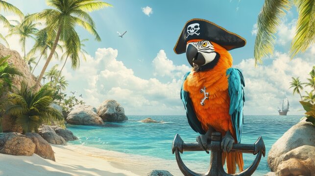 Pirate parrot in hat on anchor on sea beach. Vector cartoon illustration of uninhabited tropical island landscape with palm trees, rocks, and corsair bird in black hat with skull