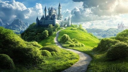 Obraz premium Road to fairy tale castle on hill. Vector cartoon illustration of summer landscape of fantasy kingdom with royal palace with towers. Medieval chateau on green fields with path and bushes