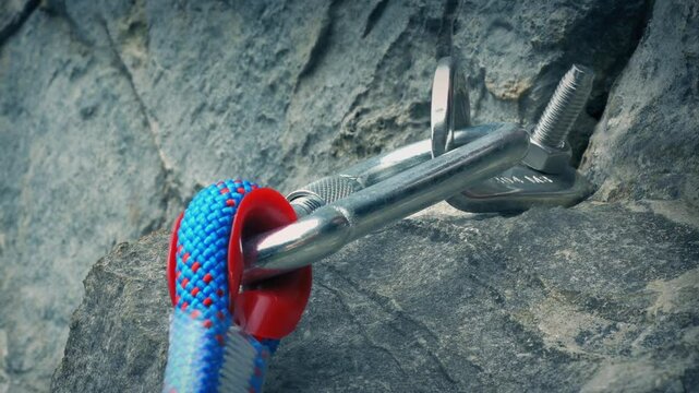 Climbing Rope Clips Onto Bolt Hanger 2 Shots
