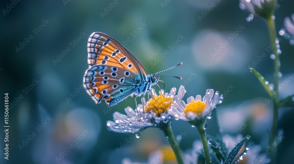 Poster butterfly on flower with dewdrops in soft focus background
