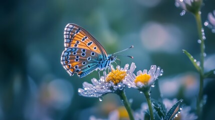 Obraz premium Butterfly on Flower with Dewdrops in Soft Focus Background