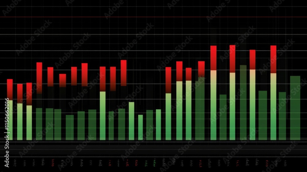 Poster stock market data visualization with colorful bar graphs and candlesticks