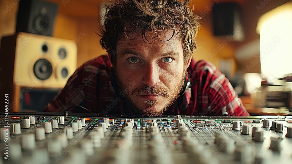 Poster a focused man working at a sound mixing console in a studio environment.