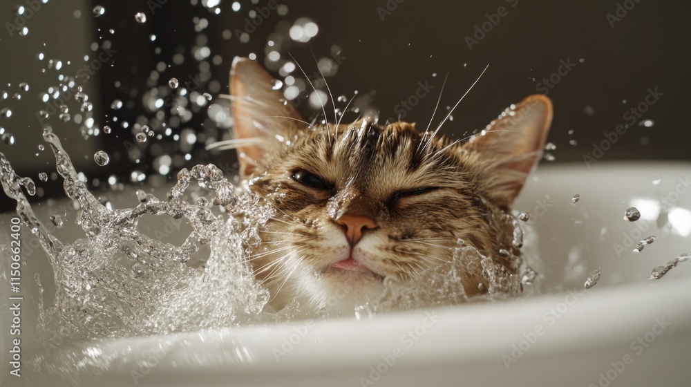 Poster cat enjoying splash in water with a fun expression on its face