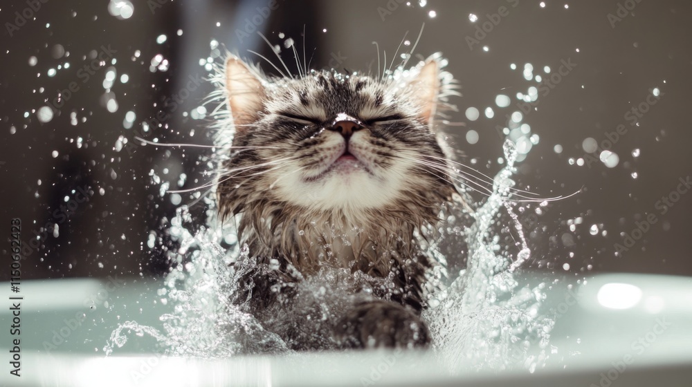 Poster Happy Cat Playing in Water with Splashes and Joyful Expression