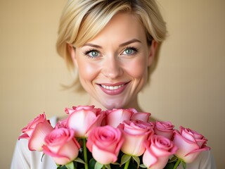 Florystyka banner template poziomy z uśmiechniętą kobietą i bukietem różowych róż