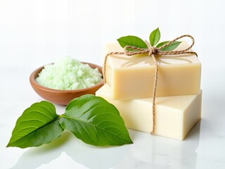 Obraz premium Naturalne mydła w kostce z zielonymi liśćmi i solami kąpielowymi na białym tle
