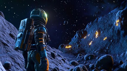 Fototapeta premium Astronaut on alien planet in far galaxy. Cosmonaut in suit and helmet explore outer space. Vector cartoon illustration of spaceman, cosmos and planet surface with rocks, cracks and glowing spots