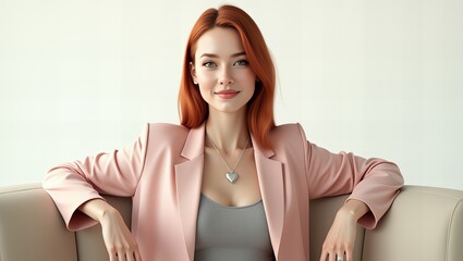 Portret zrównoważonej, rudowłosej kobiety ubranej w różową marynarkę i szarą bluzkę, siedzącej na beżowej sofie na neutralnym tle