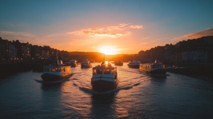 Fototapeta premium A stunning sunset over a peaceful harbor. Boats glide gracefully across the water. This tranquil scene invites reflection and inspiration. Generative AI.