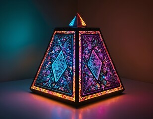 A stunning geometric lamp illuminating with vibrant colors in a dark setting.