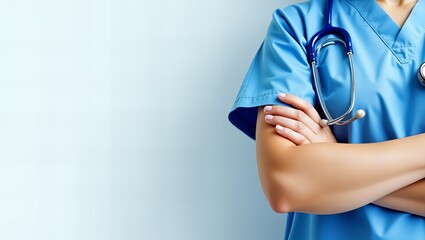 Pracownik służby zdrowia w niebieskim stroju ze stetoskopem na jasnym tle