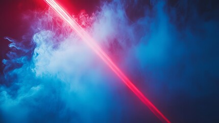 Red laser light beam effect isolated on transparent background. Vector blue neon line abstract design. Lazer show with sparkle and smoke presentation pointer. Led broadway entertainment illustration