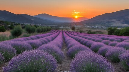 Naklejka premium Lavender Fields Sunset Mountain Landscape
