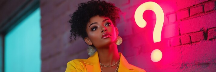 A woman with a yellow jacket and gold earrings is standing in front of a brick wall with a pink question mark