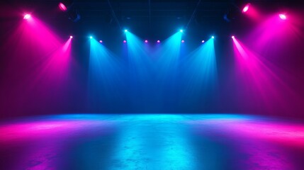 Stage illuminated by blue and pink spotlights. Empty scene with spots of light on floor. Vector realistic illustration of studio, theater or club interior with color beams of lamps
