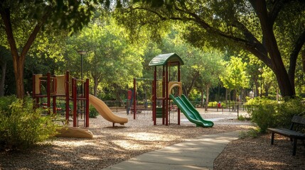 Kids playground in summer park, garden or backyard with slide, sandbox and swing. Vector cartoon illustration of kindergarten play ground, seesaw, slider, sandpit on green lawn