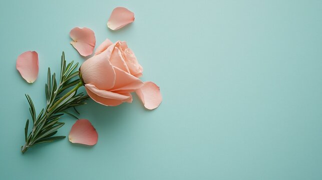 Aromatic essential oils with fresh rosemary and petals, artfully arranged in a minimalist magazine style.