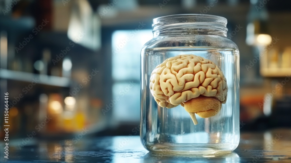 Poster Brain in Jar on Table with Blurred Background and Soft Lighting