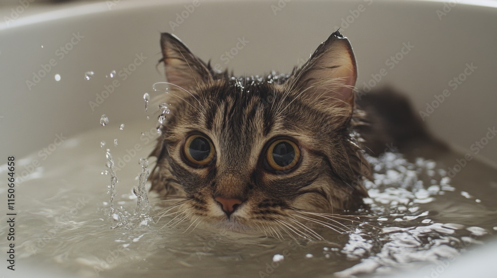 Poster cat taking a bath with water splashes and curious expression