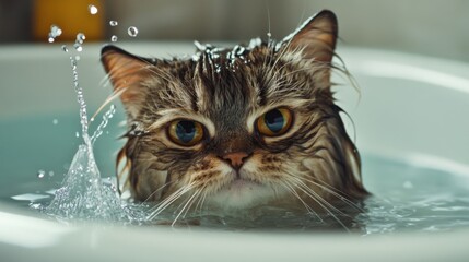 Adorable Persian Cat Soaking in Bathtub with Water Splashing Joyfully
