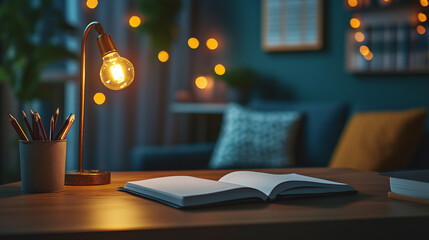 Evening study session at a modern table, featuring a notebook, pencil, and lamp, diary organizer workspace for students to plan their schedules and checklist reminders.