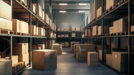 Warehouse interior with cardboard boxes on metal racks. Vector cartoon illustration of empty storage room interior with goods, cargo and parcels on shelves. Storehouse in store, garage, market
