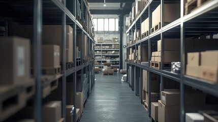 Warehouse interior with cardboard boxes on metal racks. Vector cartoon illustration of empty storage room interior with goods, cargo and parcels on shelves. Storehouse in store, garage, market