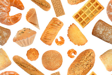 Seamless pattern of bread products made from different types of flour isolated on white