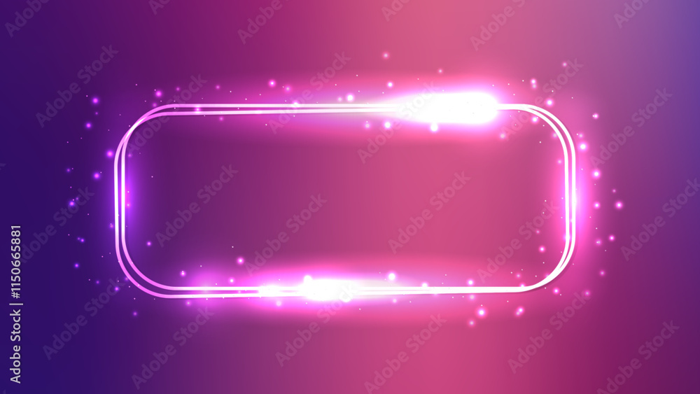 Poster neon double rounded rectangular frame with shining effects and sparkles