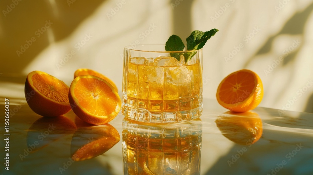 Poster refreshing citrus cocktail with mint on a reflective surface