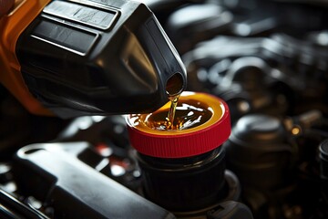 Cambio de aceite en un motor de automóvil con líquido dorado vertido desde un recipiente negro en un entorno de taller mecánico
