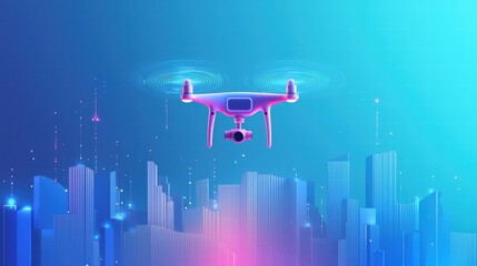 Smart drone over futuristic cityscape with dynamic data projection
