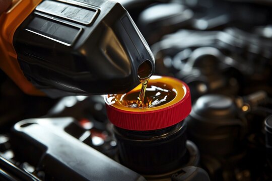 Cambio de aceite en un motor de autom&oacute;vil con l&iacute;quido dorado vertido desde un recipiente negro en un entorno de taller mec&aacute;nico