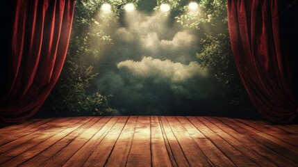 Theater stage with red curtains and spotlights. Vector cartoon illustration of theatre interior with empty wooden scene, luxury velvet drapes and decoration with clouds and bushes
