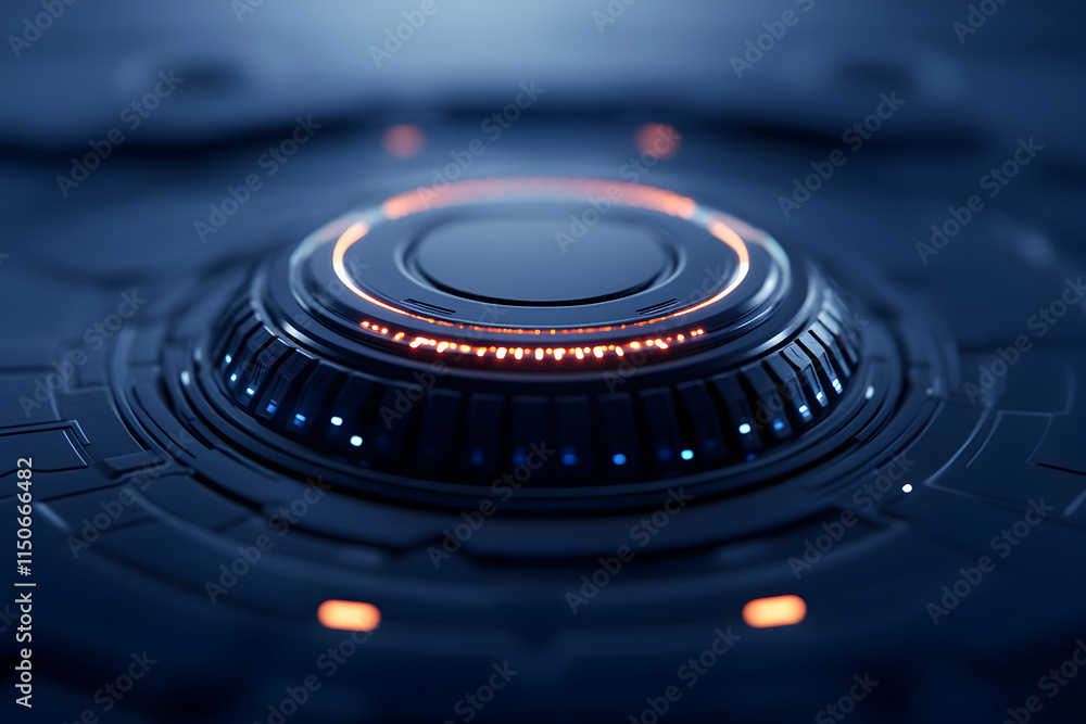 Poster futuristic circular interface with glowing lights and intricate design on a dark surface.