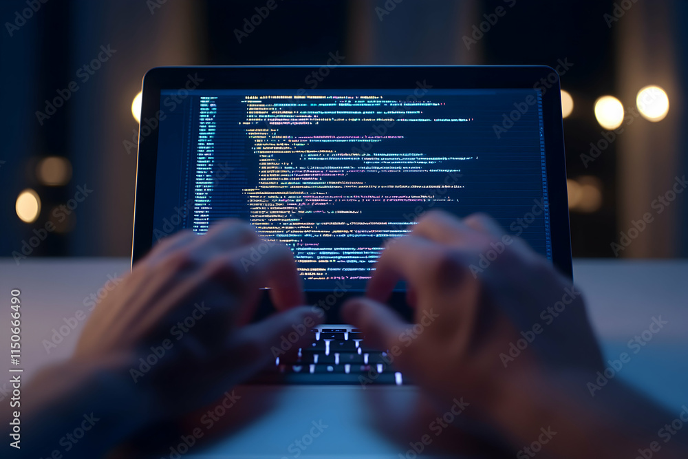 Poster hands typing on a laptop displaying code at night with soft glowing lights in the background.