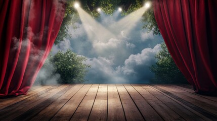 Theater stage with red curtains and spotlights. Vector cartoon illustration of theatre interior with empty wooden scene, luxury velvet drapes and decoration with clouds and bushes
