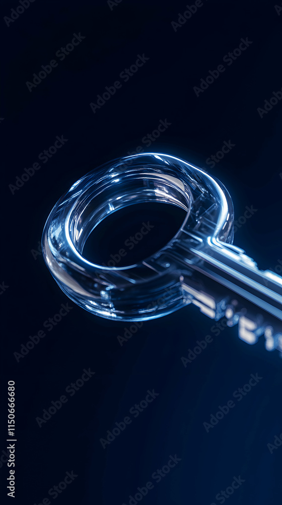 Poster close-up of a transparent key against a dark background, symbolizing security and access.