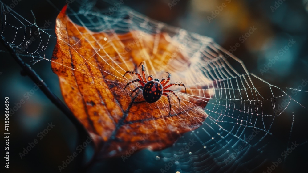 Poster Spider on Leaf with Web in Autumnal Forest Background