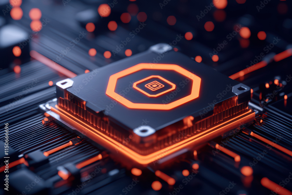 Poster close up of customizable smart frame with glowing elements, showcasing intricate circuitry and vibra