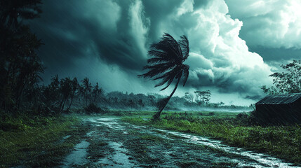 Tropical storm in nature bringing heavy rain and strong winds to a rural countryside or village farm, with dark clouds looming over the landscape and trees swaying in the dramatic weather.