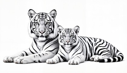 Fototapeta premium A tiger lying with a tiger cub, Tiger family sketch