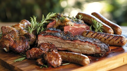 Delicious Cooked Meat Assortment on Wooden Cutting Board