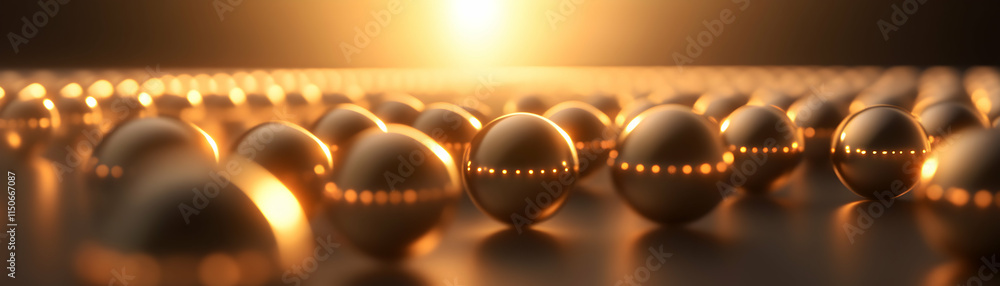 Poster golden spheres arranged in a mesmerizing pattern, reflecting warm sunlight, creating a captivating v