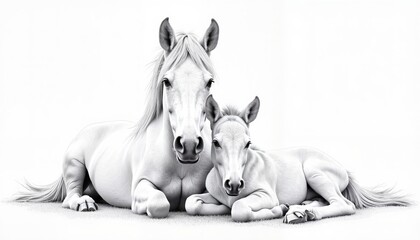 Fototapeta premium A horse lying with a foal, Horse family sketch