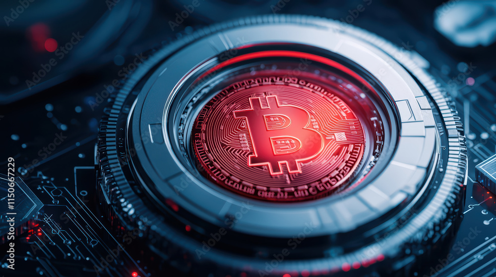 Poster close up of futuristic coin featuring glowing bitcoin symbol, surrounded by intricate circuitry. vib